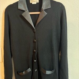 Women's Black Cardigan with Satin Accents on lapel, buttons & pockets L